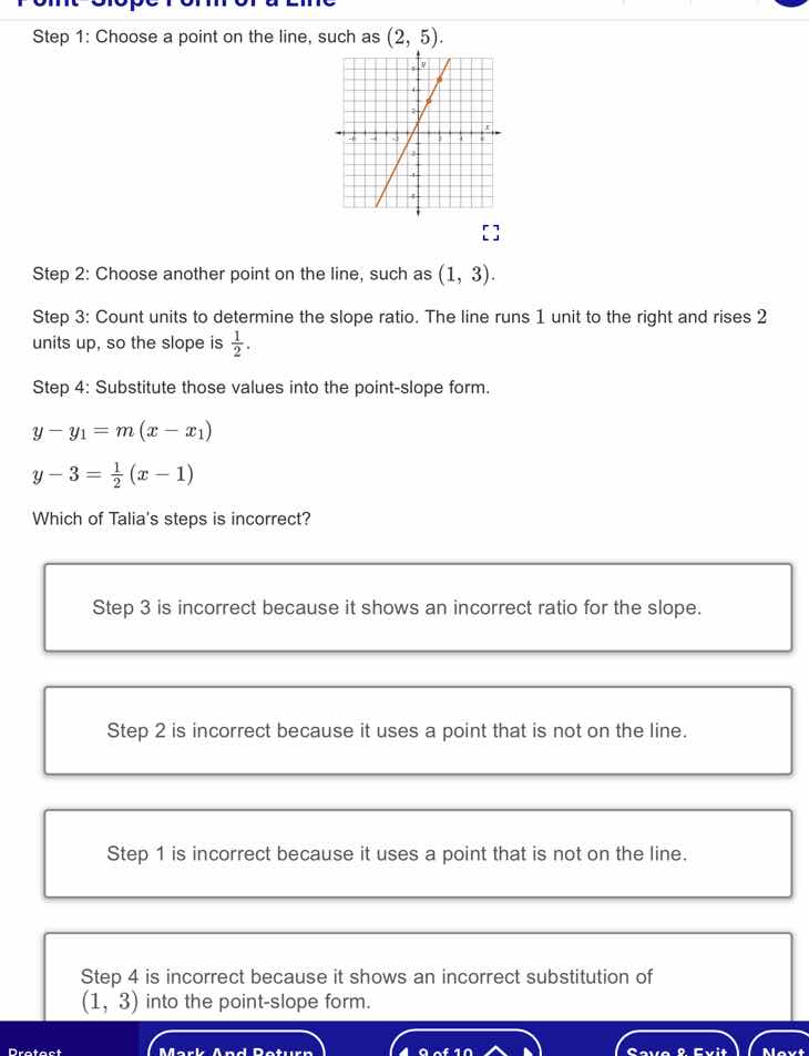 step 1: choose a point on the line, such as (2, 5). step 2: choose anot…