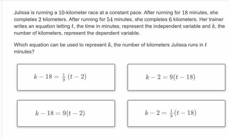 julissa is running a 10 - kilometer race at a constant pace. after runn…