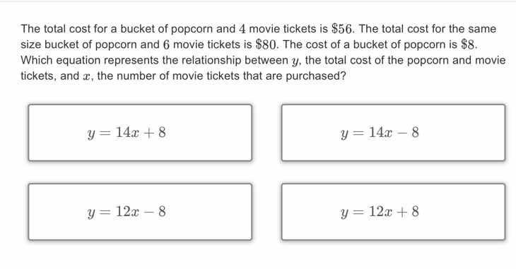 the total cost for a bucket of popcorn and 4 movie tickets is $56. the …