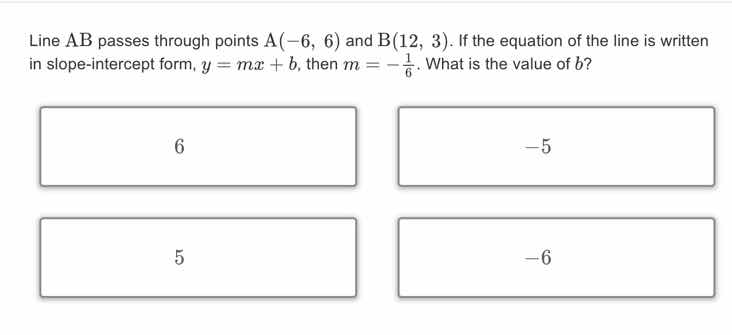 line ab passes through points a(-6, 6) and b(12, 3). if the equation of…
