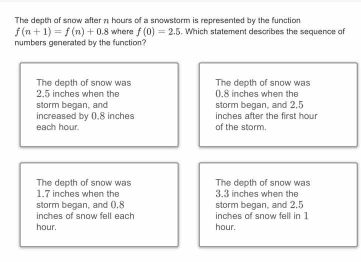 the depth of snow after ( n ) hours of a snowstorm is represented by th…