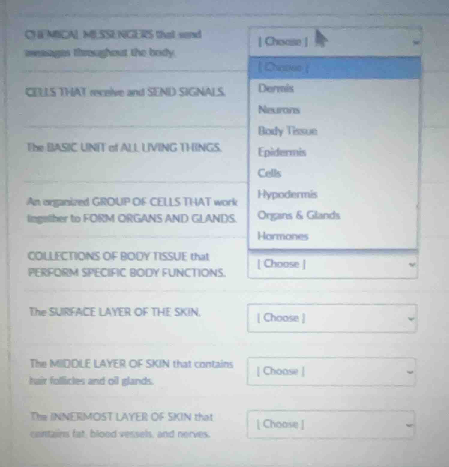 chemical messengers that send messages throughout the body. cells that …