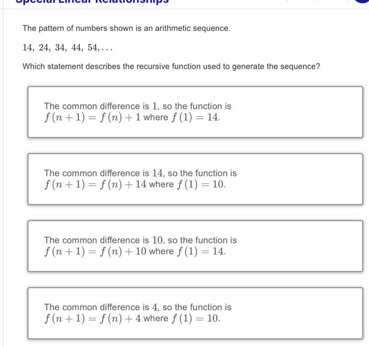 the pattern of numbers shown is an arithmetic sequence. 14, 24, 34, 44,…