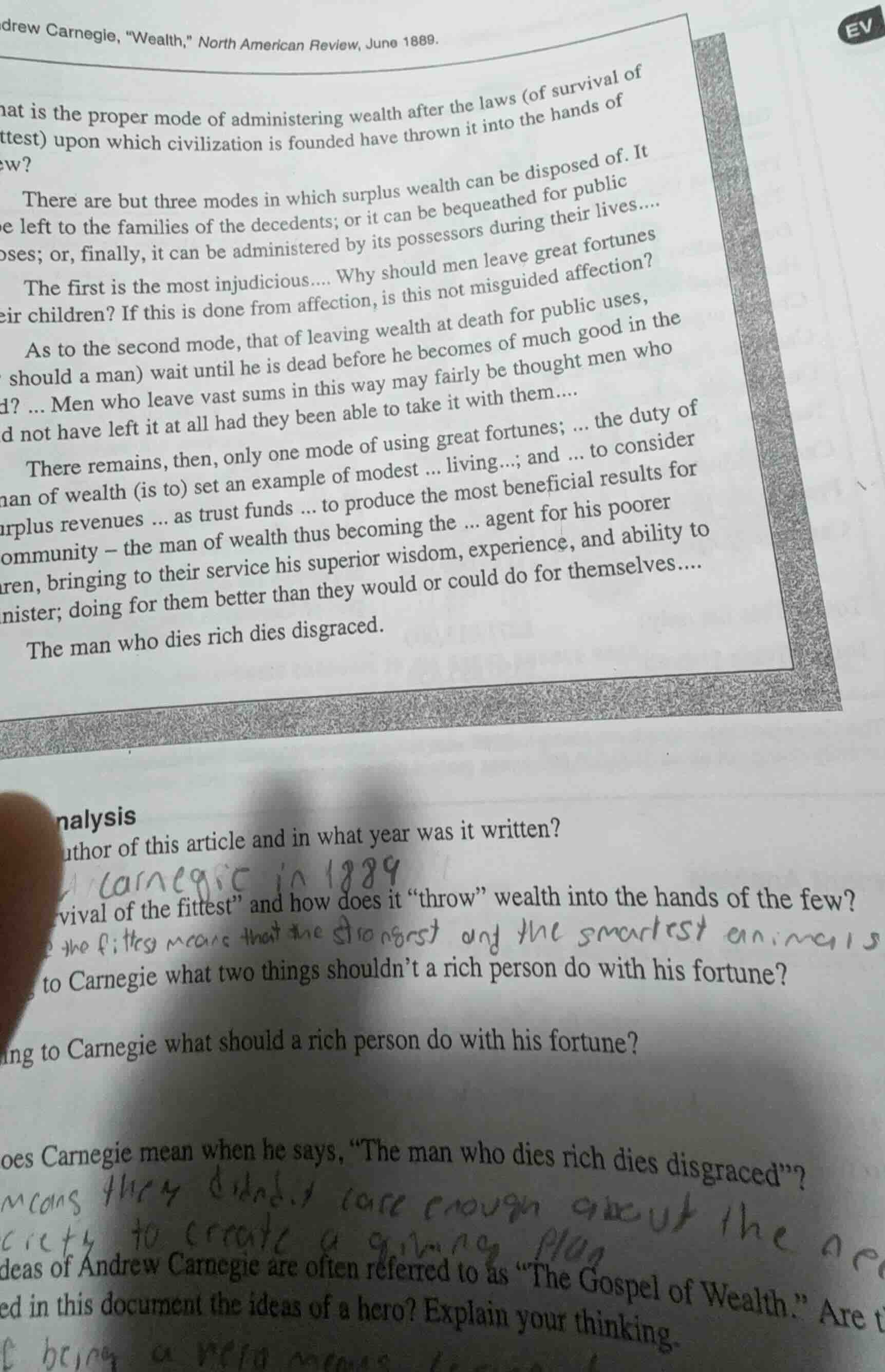 drew carnegie, \wealth,\ north american review, june 1889. hat is the p…