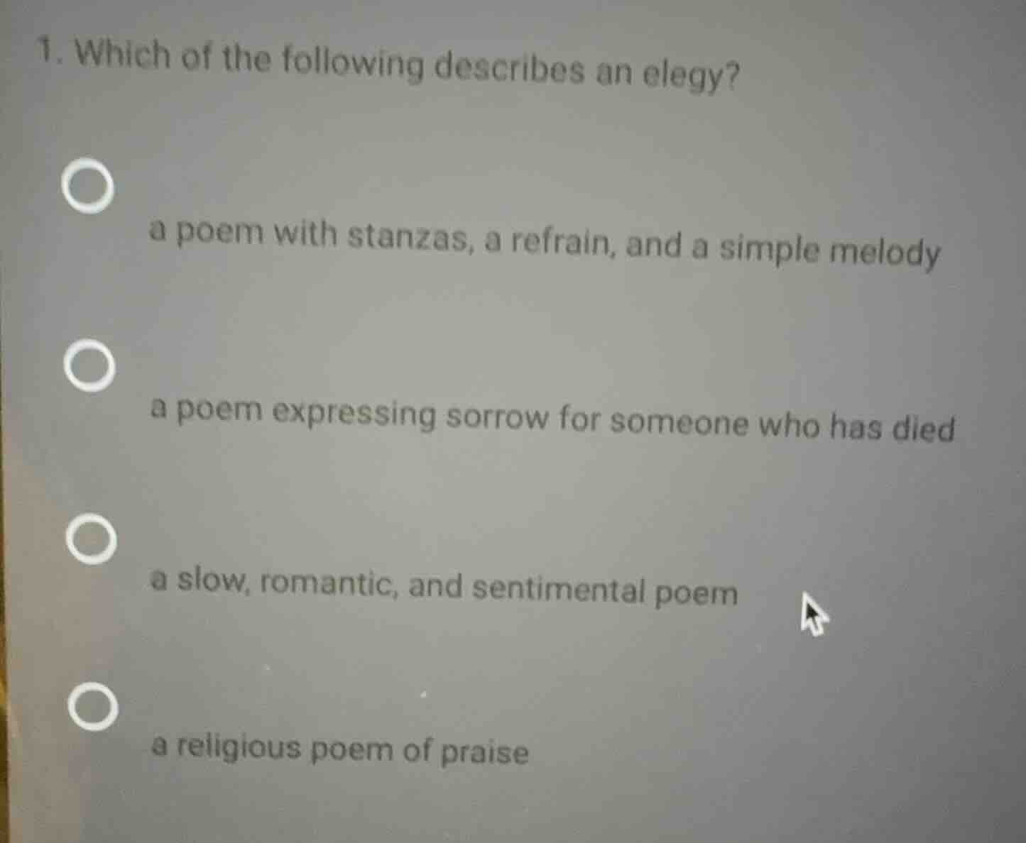 1. which of the following describes an elegy? a poem with stanzas, a re…