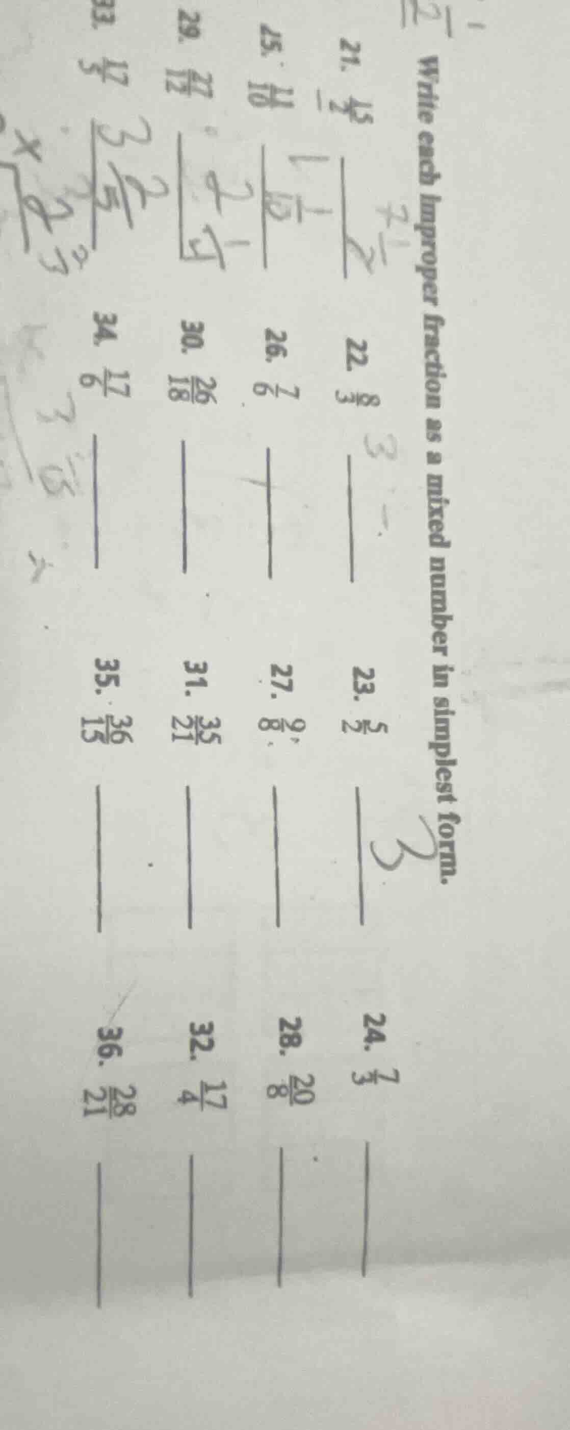 1. write each improper fraction as a mixed number in simplest form. 21.…
