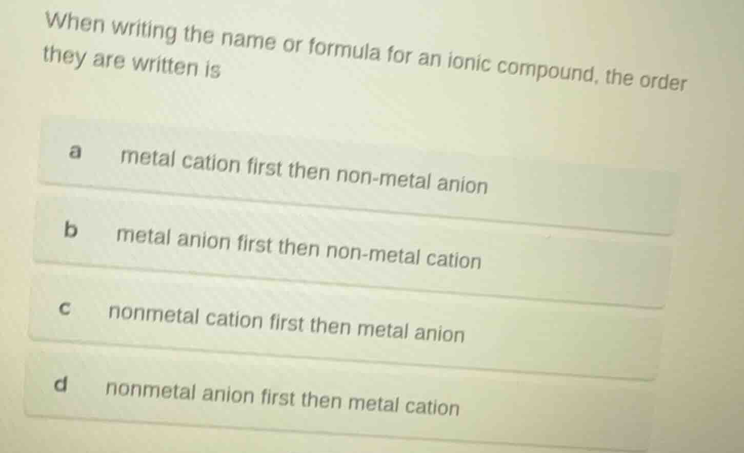 when writing the name or formula for an ionic compound, the order they …