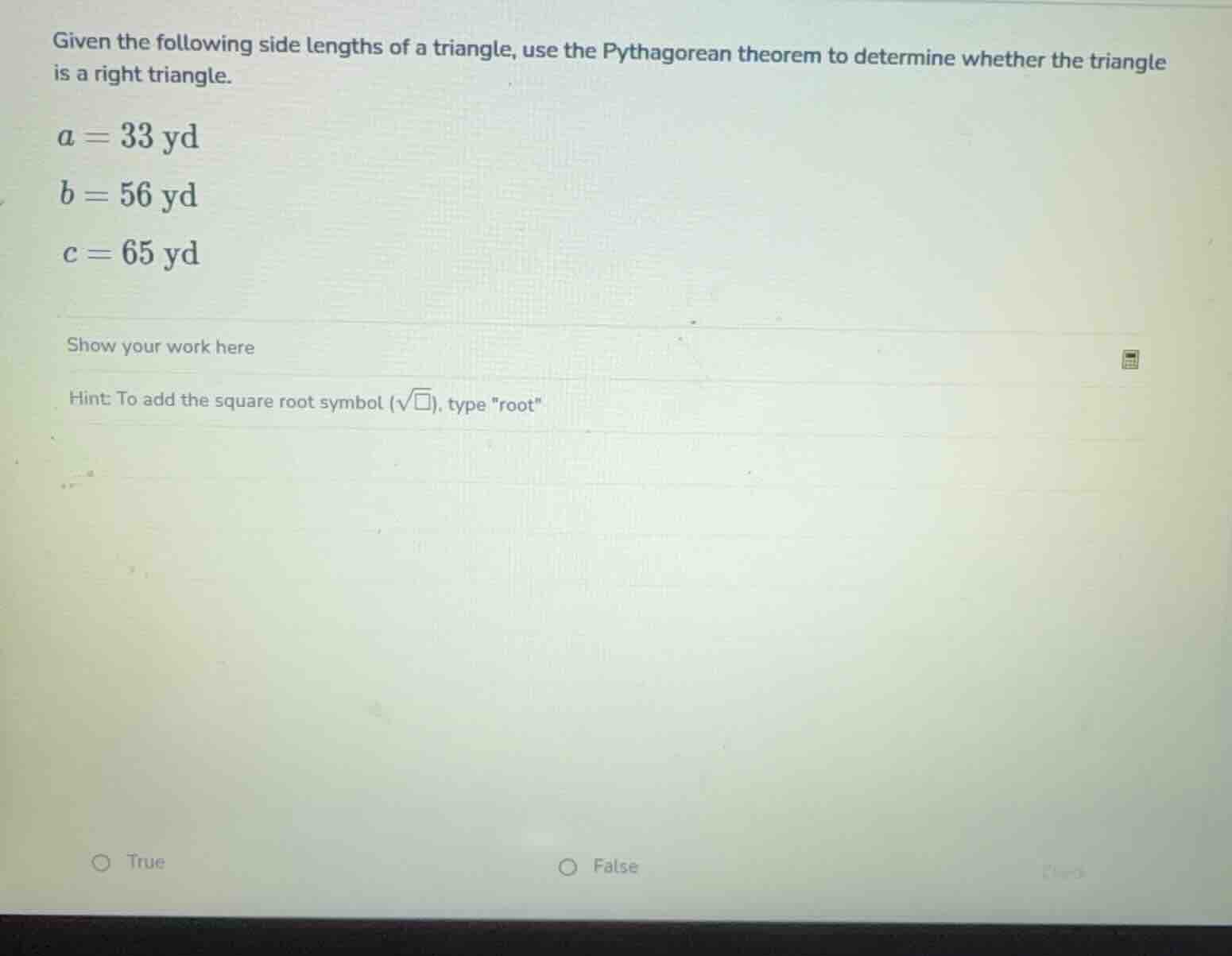 given the following side lengths of a triangle, use the pythagorean the…