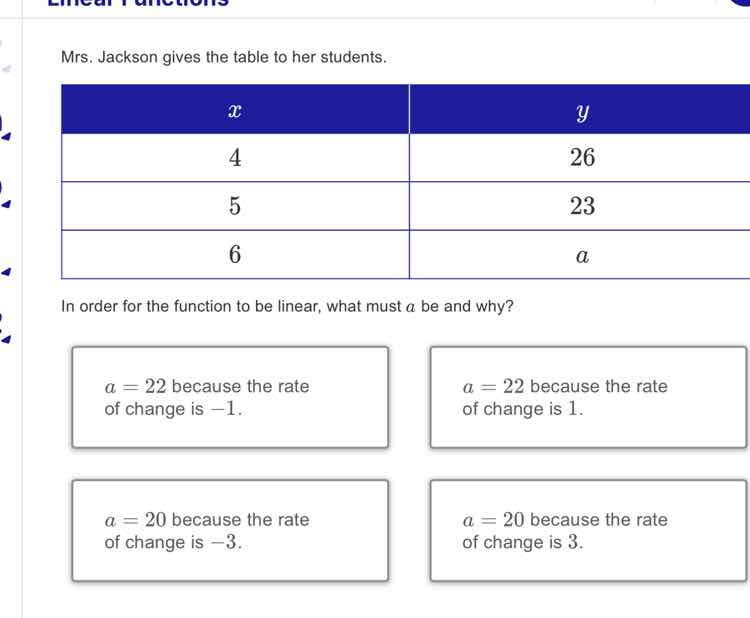 mrs. jackson gives the table to her students. | $x$ | $y$ | | --- | ---…