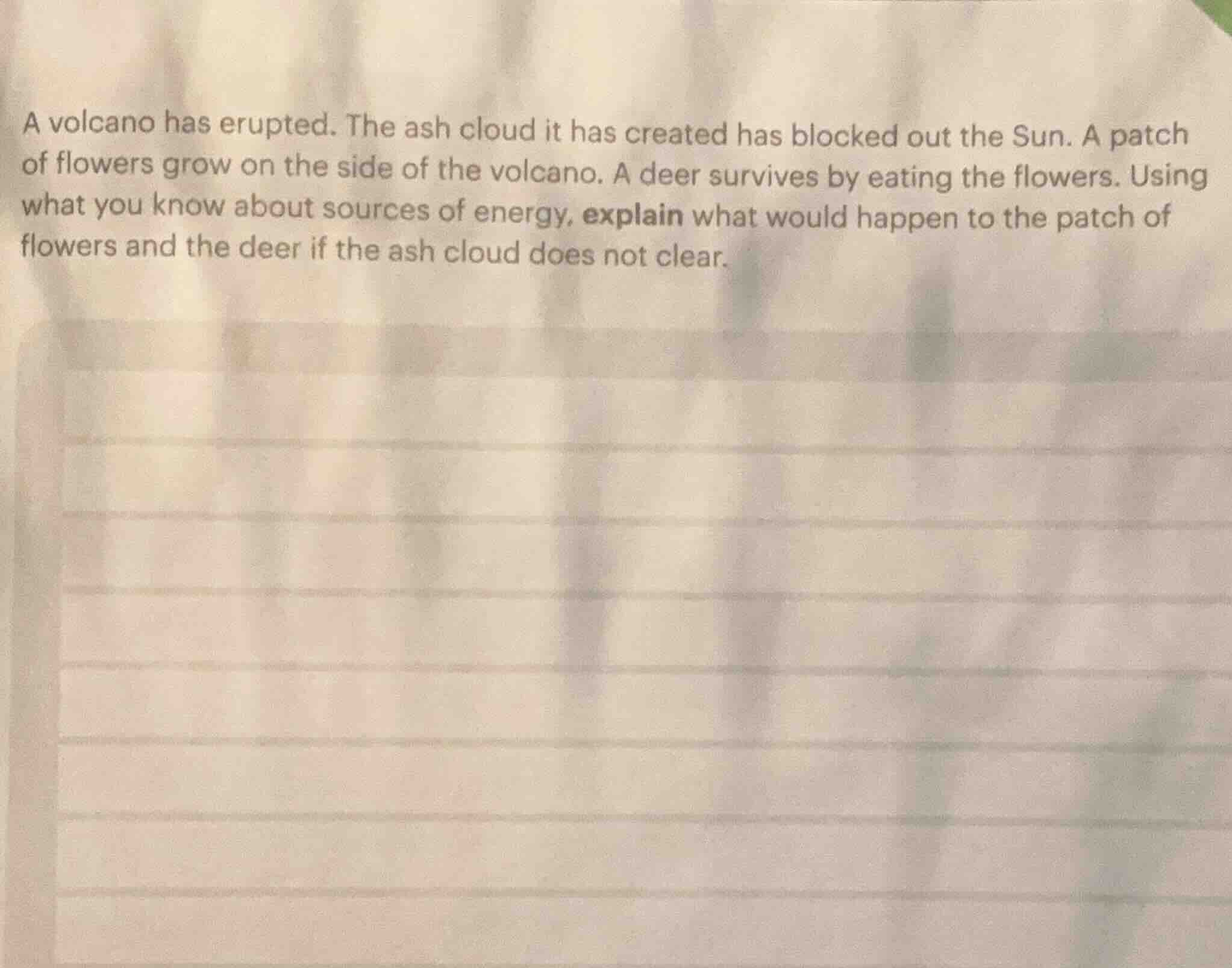 a volcano has erupted. the ash cloud it has created has blocked out the…