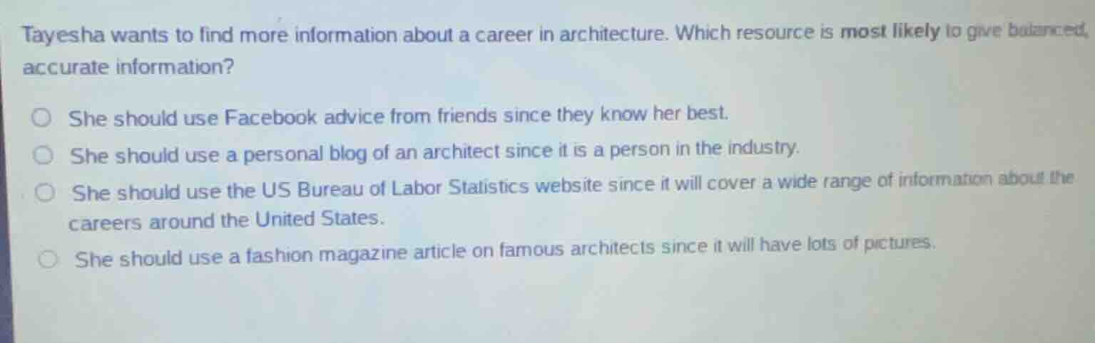 tayesha wants to find more information about a career in architecture. …