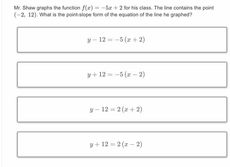 mr. shaw graphs the function $f(x) = -5x + 2$ for his class. the line c…