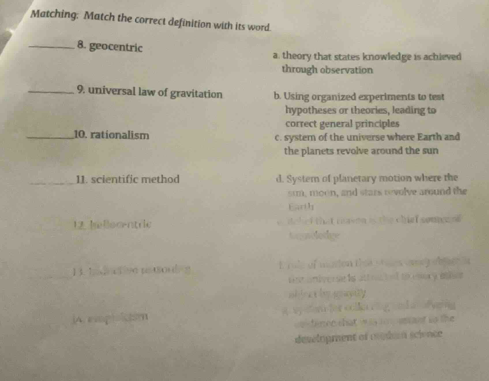 matching: match the correct definition with its word. ______ 8. geocent…