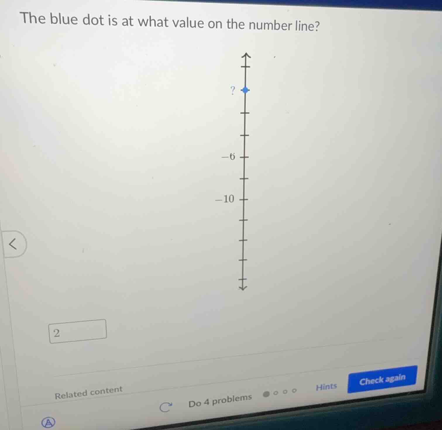 the blue dot is at what value on the number line? ? -6 -10