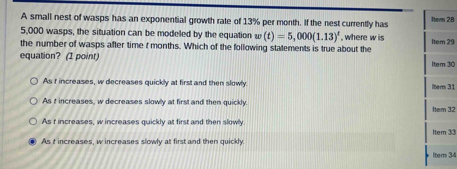 a small nest of wasps has an exponential growth rate of 13% per month. …