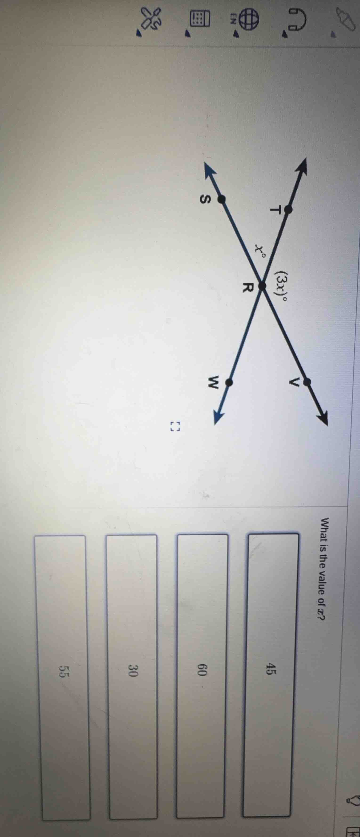 what is the value of x? (the image shows two intersecting lines at poin…