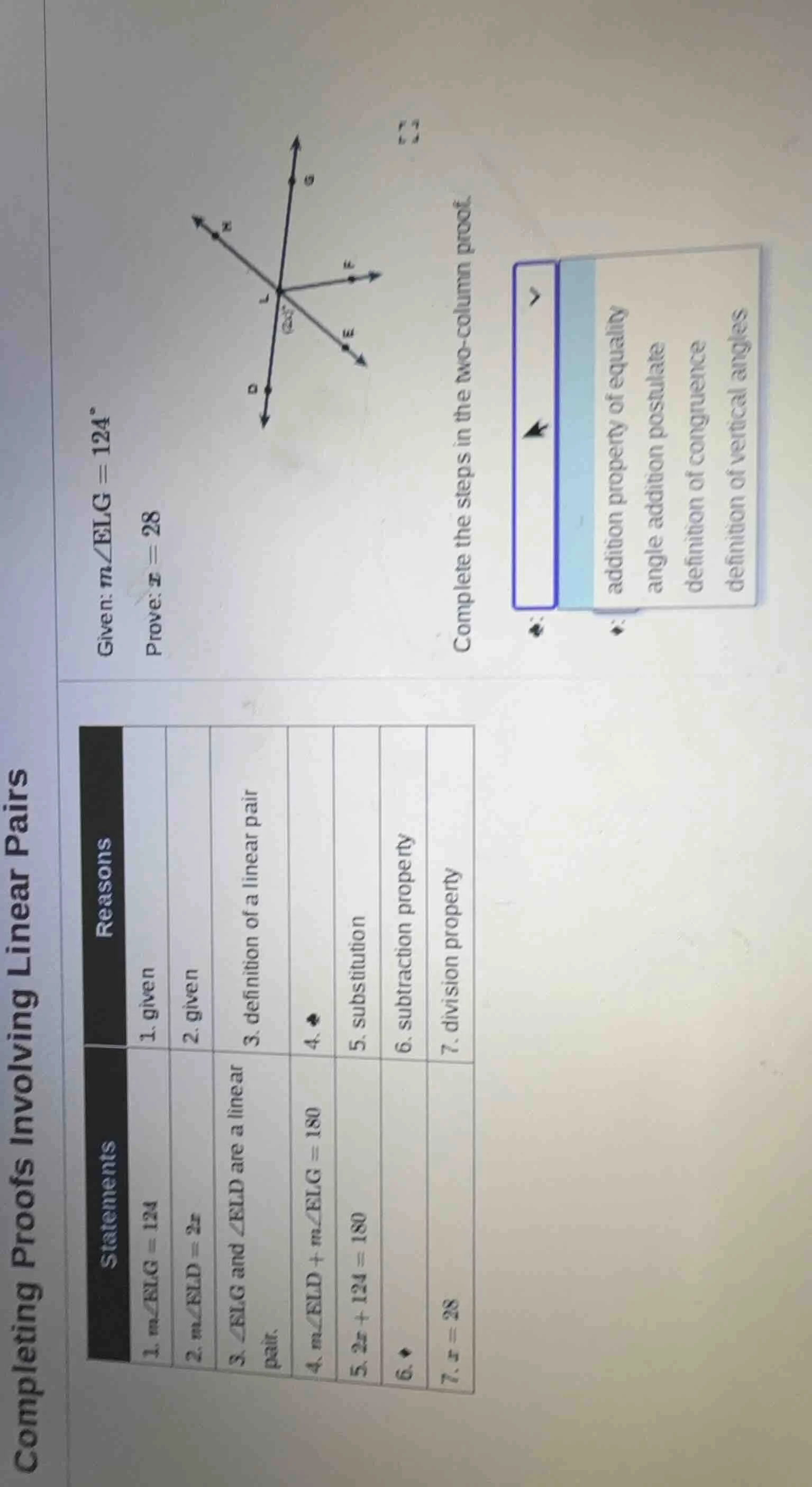 completing proofs involving linear pairs given: ( mangle elg = 124^circ…
