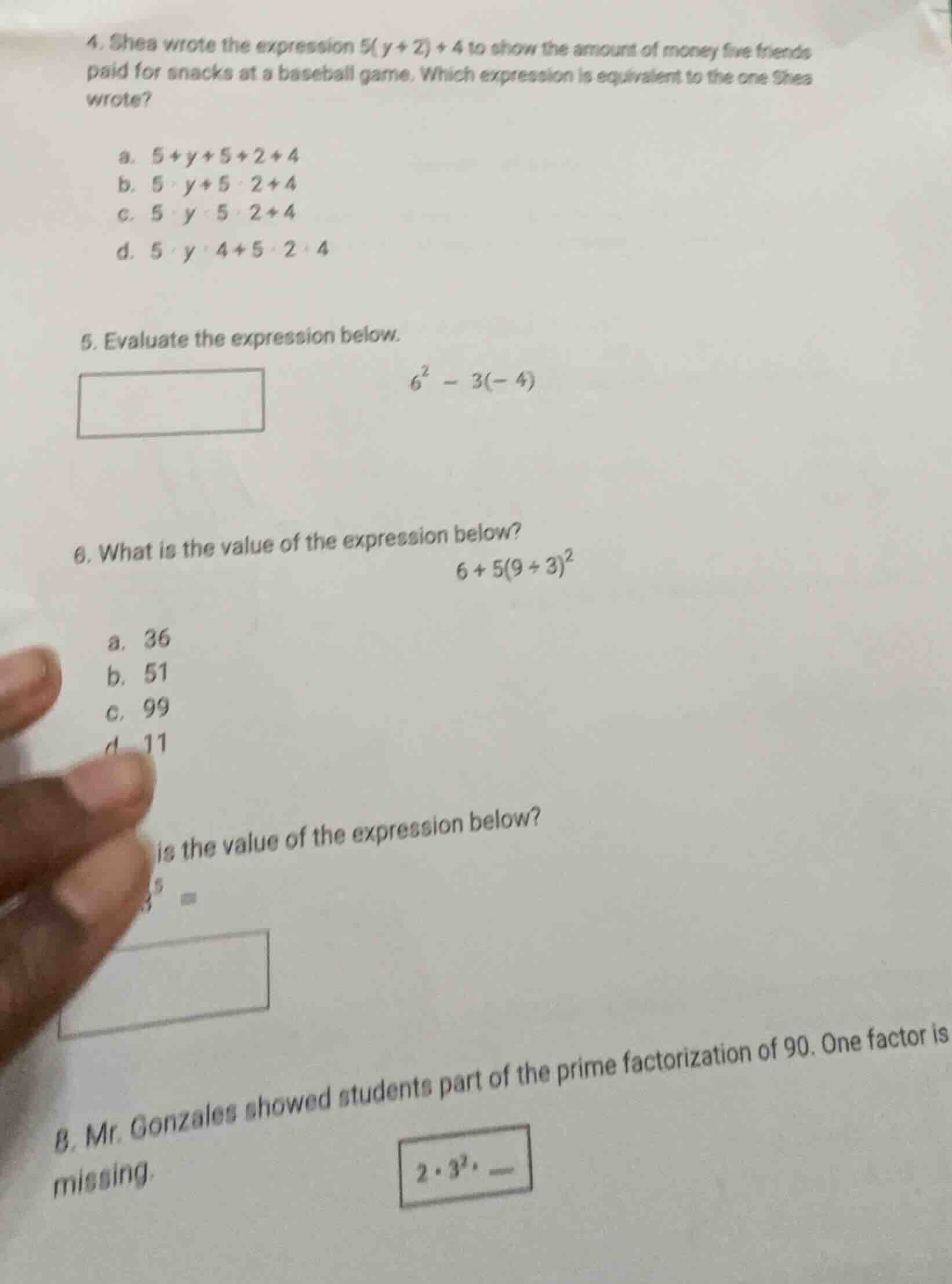 4. shea wrote the expression 5(y + 2) + 4 to show the amount of money f…
