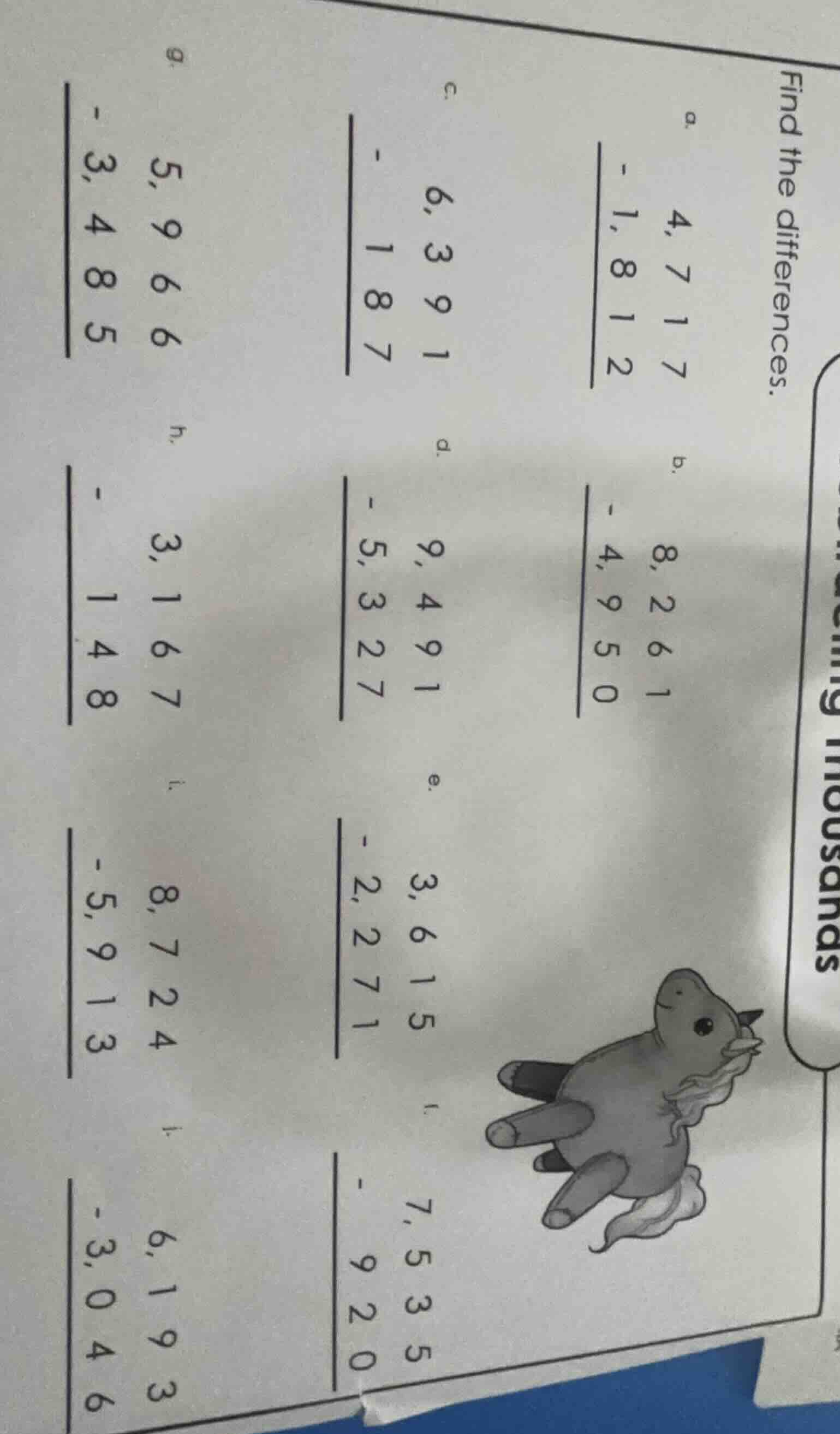 find the differences. a. $\begin{array}{r}4,717\\ -1,812\\ hlineend{arr…