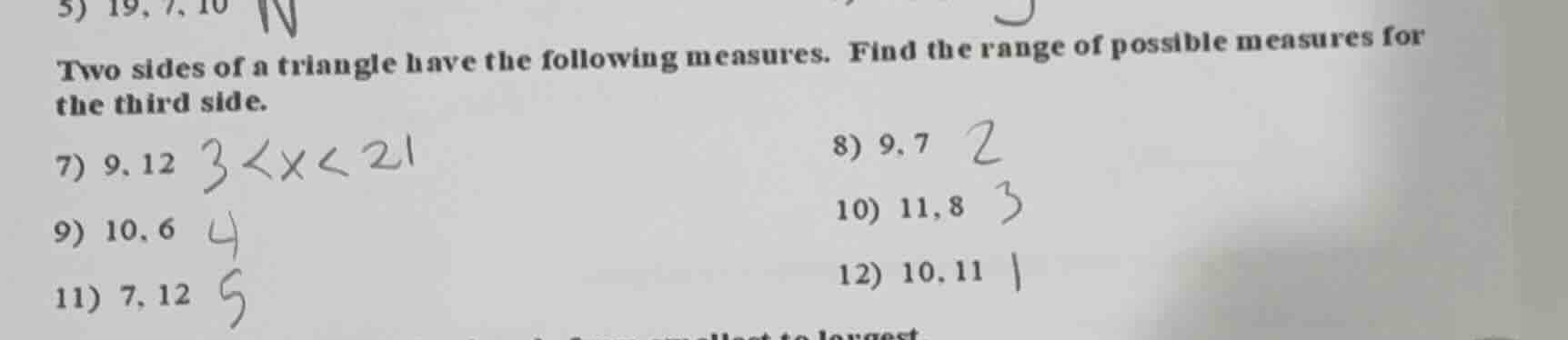 5) 19, 7, 10 two sides of a triangle have the following measures. find …