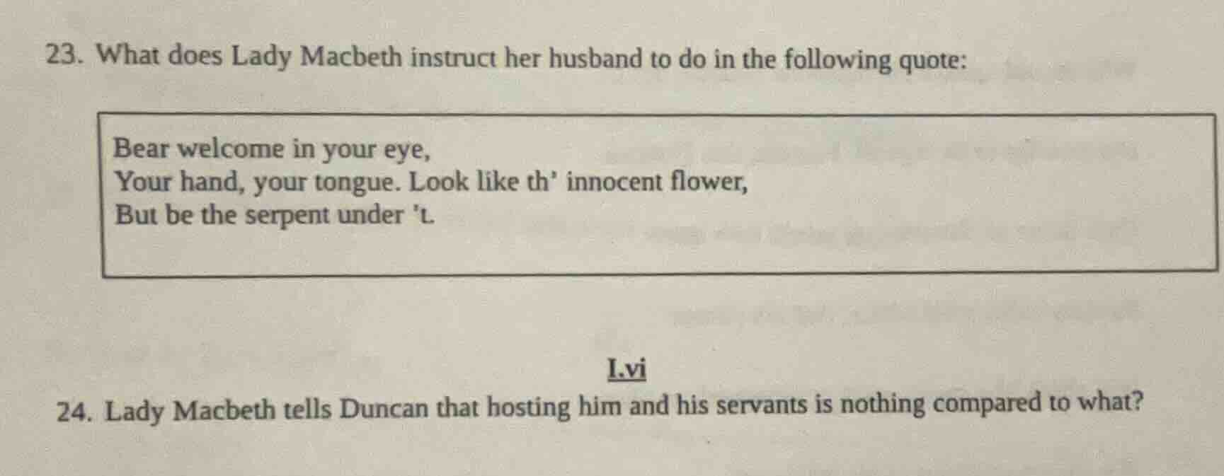 23. what does lady macbeth instruct her husband to do in the following …