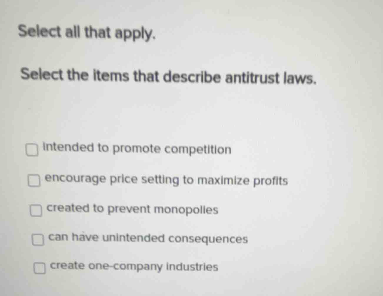 select all that apply. select the items that describe antitrust laws. -…