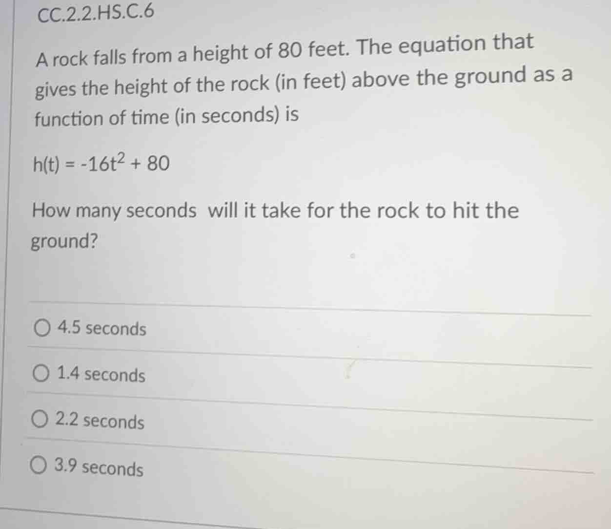 cc.2.2.hs.c.6 a rock falls from a height of 80 feet. the equation that …