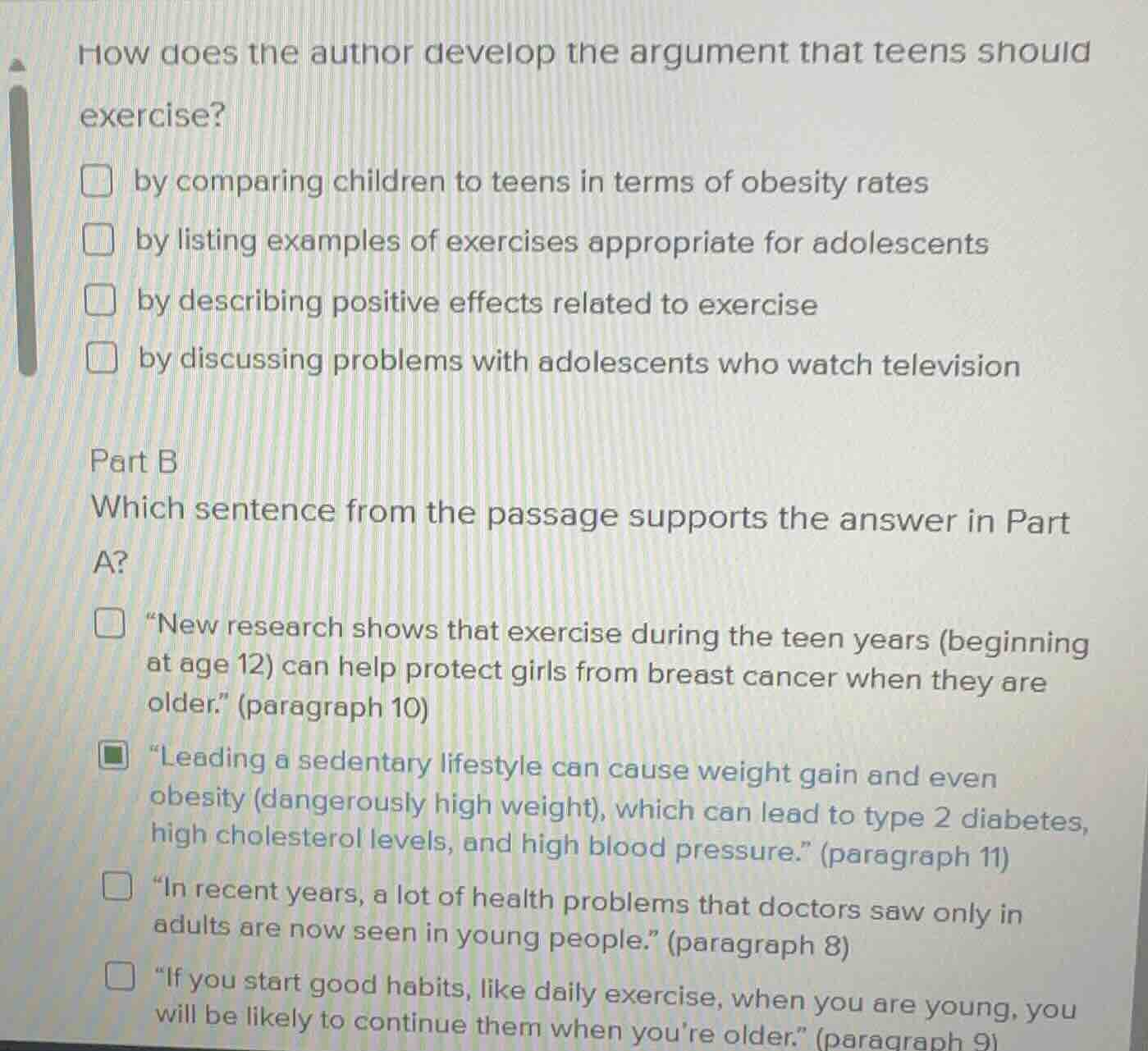 how does the author develop the argument that teens should exercise? □ …