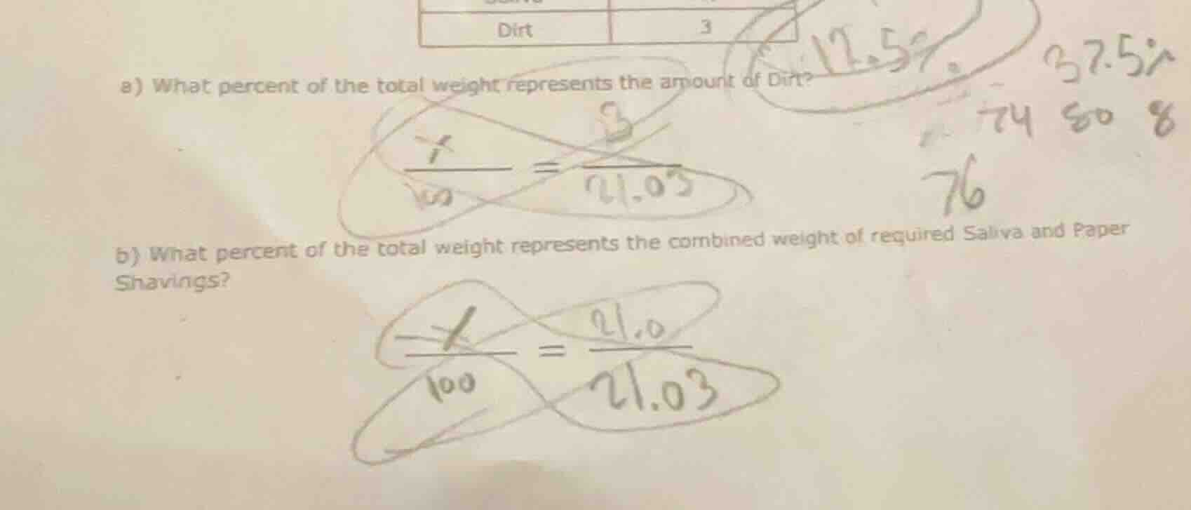 a) what percent of the total weight represents the amount of dirt? b) w…