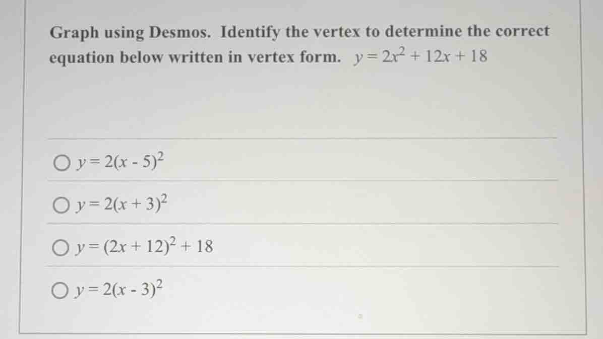 graph using desmos. identify the vertex to determine the correct equati…