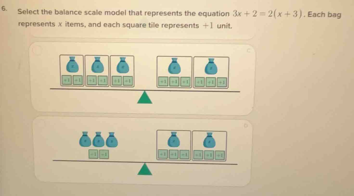 6. select the balance scale model that represents the equation $3x + 2 …