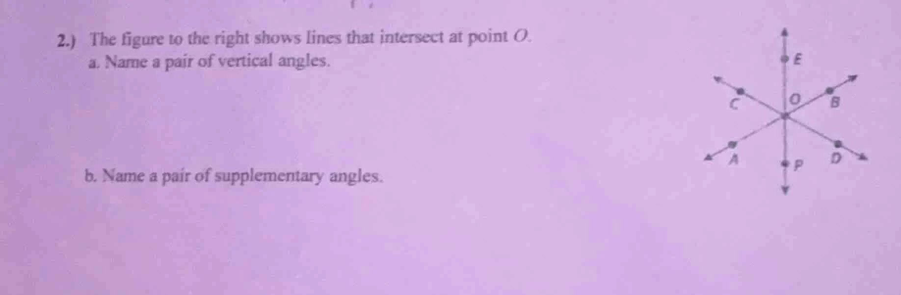 2.) the figure to the right shows lines that intersect at point o. a. n…