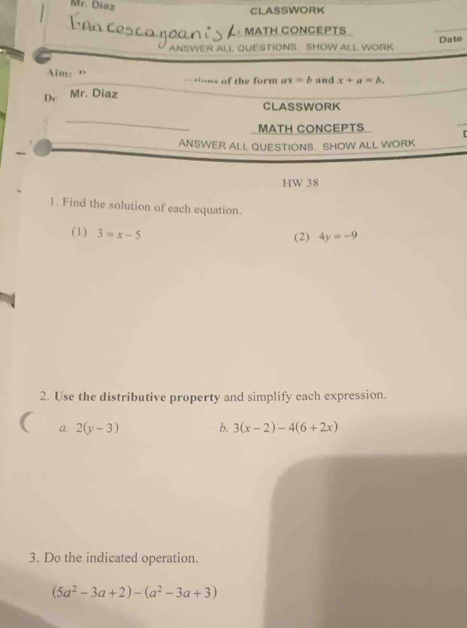 mr. diaz classwork math concepts answer all questions show all work dat…