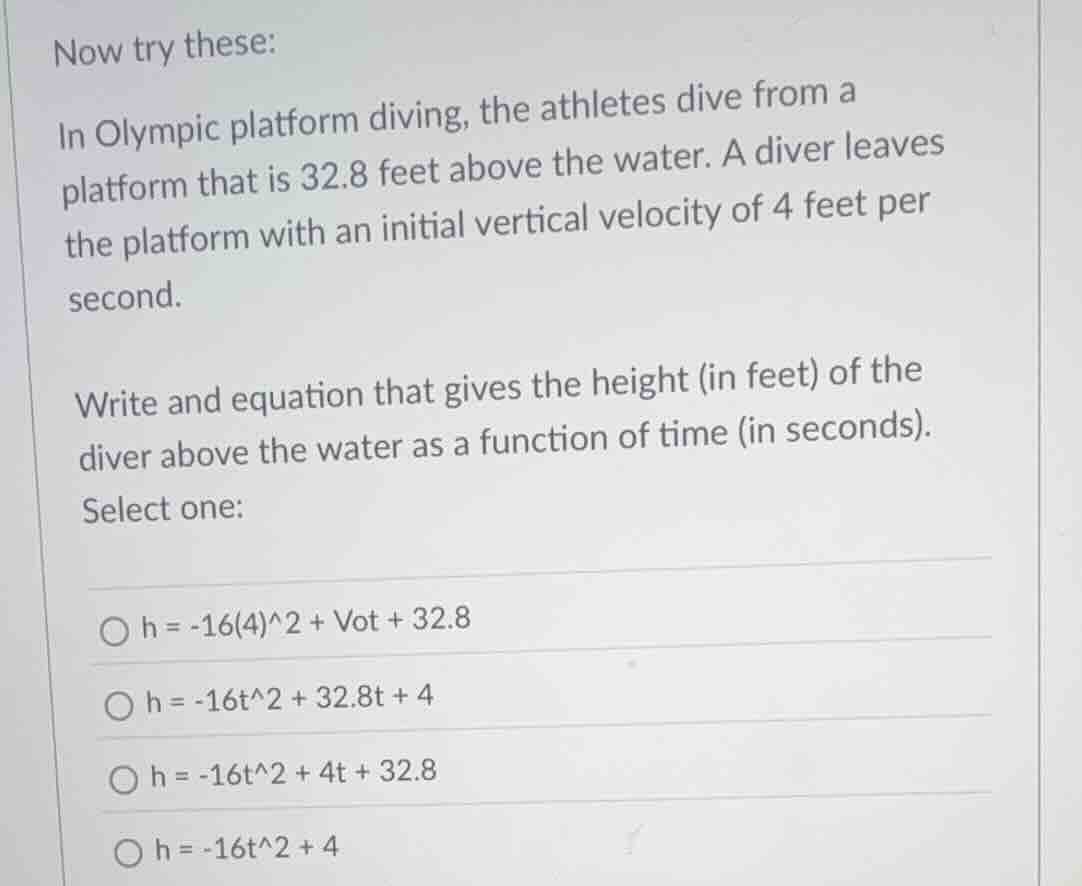 now try these: in olympic platform diving, the athletes dive from a pla…