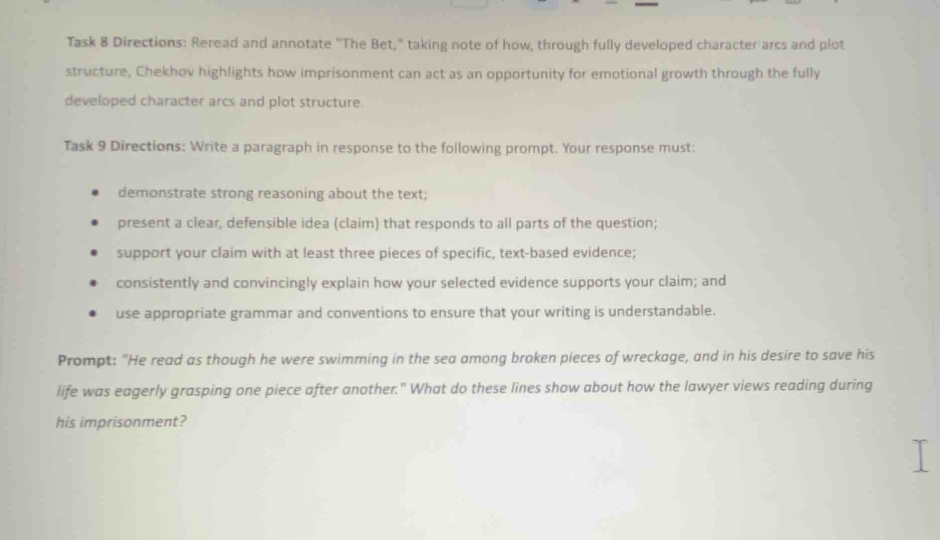 task 8 directions: reread and annotate \the bet,\ taking note of how, t…