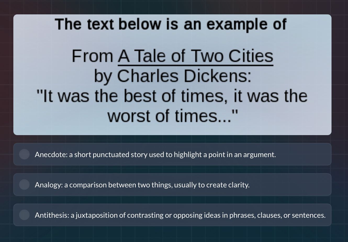 the text below is an example of from a tale of two cities by charles di…