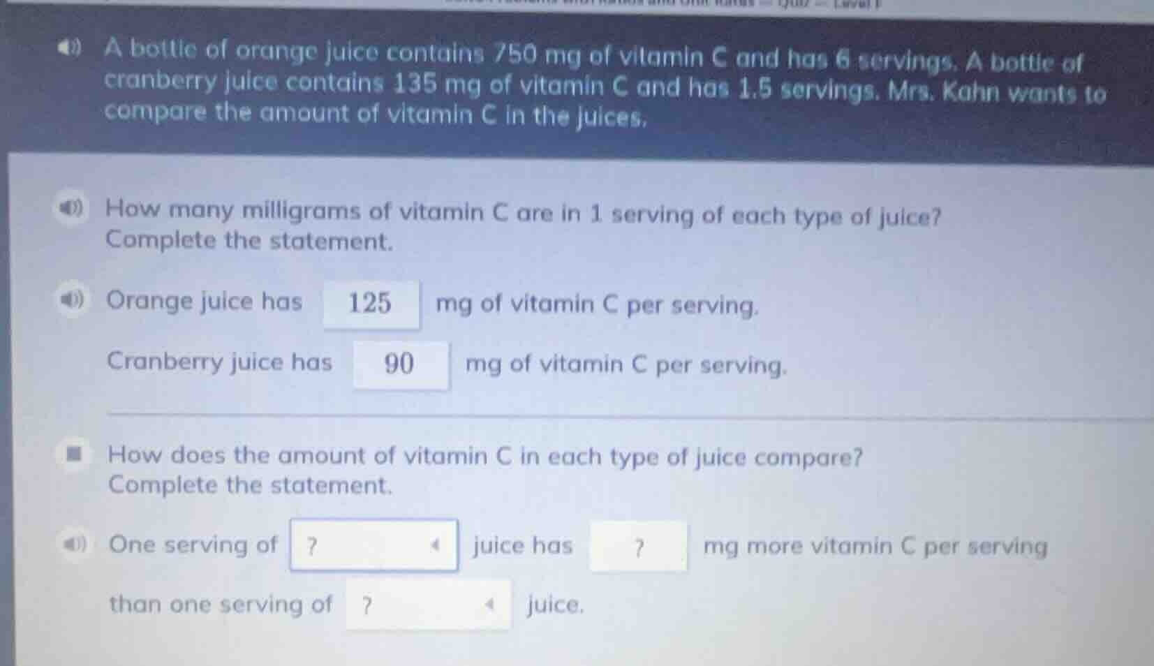 a bottle of orange juice contains 750 mg of vitamin c and has 6 serving…