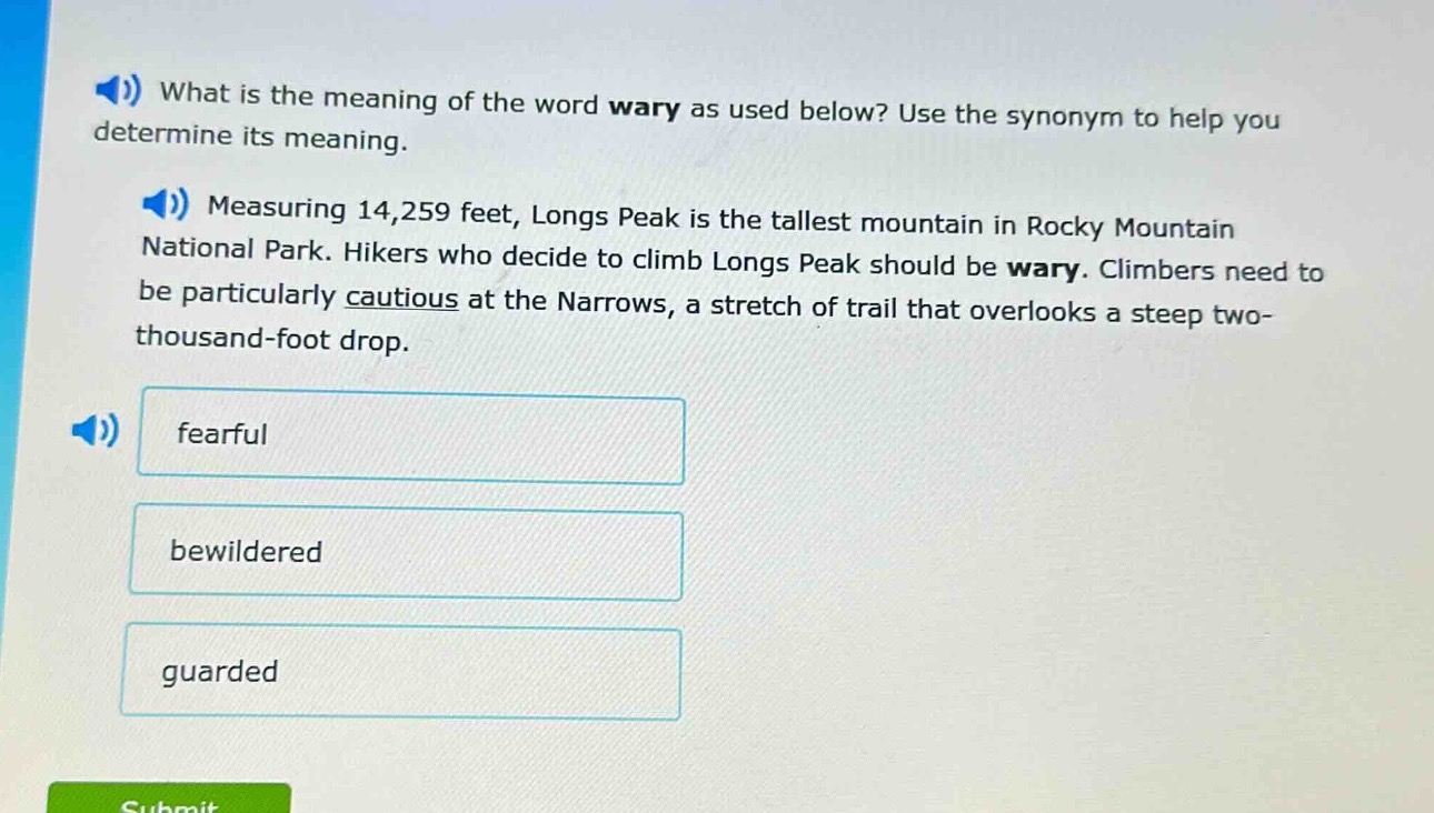 what is the meaning of the word wary as used below? use the synonym to …