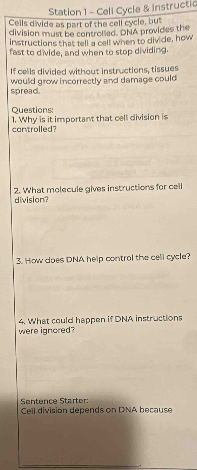 station 1 - cell cycle & instructio cells divide as part of the cell cy…