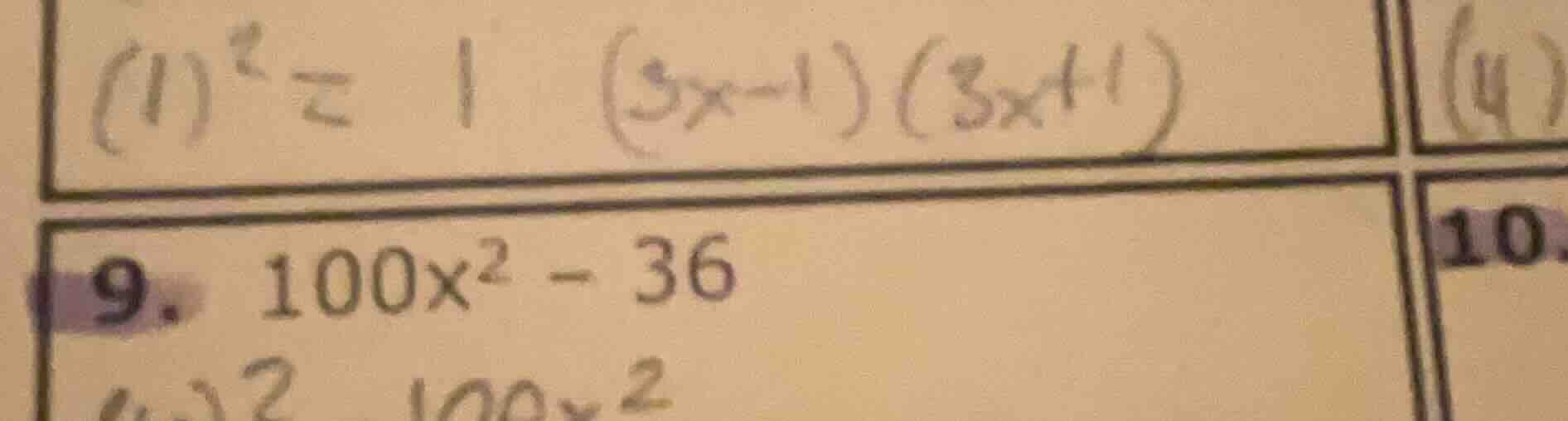 (1)^2 = 1 (5x - 1)(3x + 1) (4) 9. 100x^2 - 36 10.