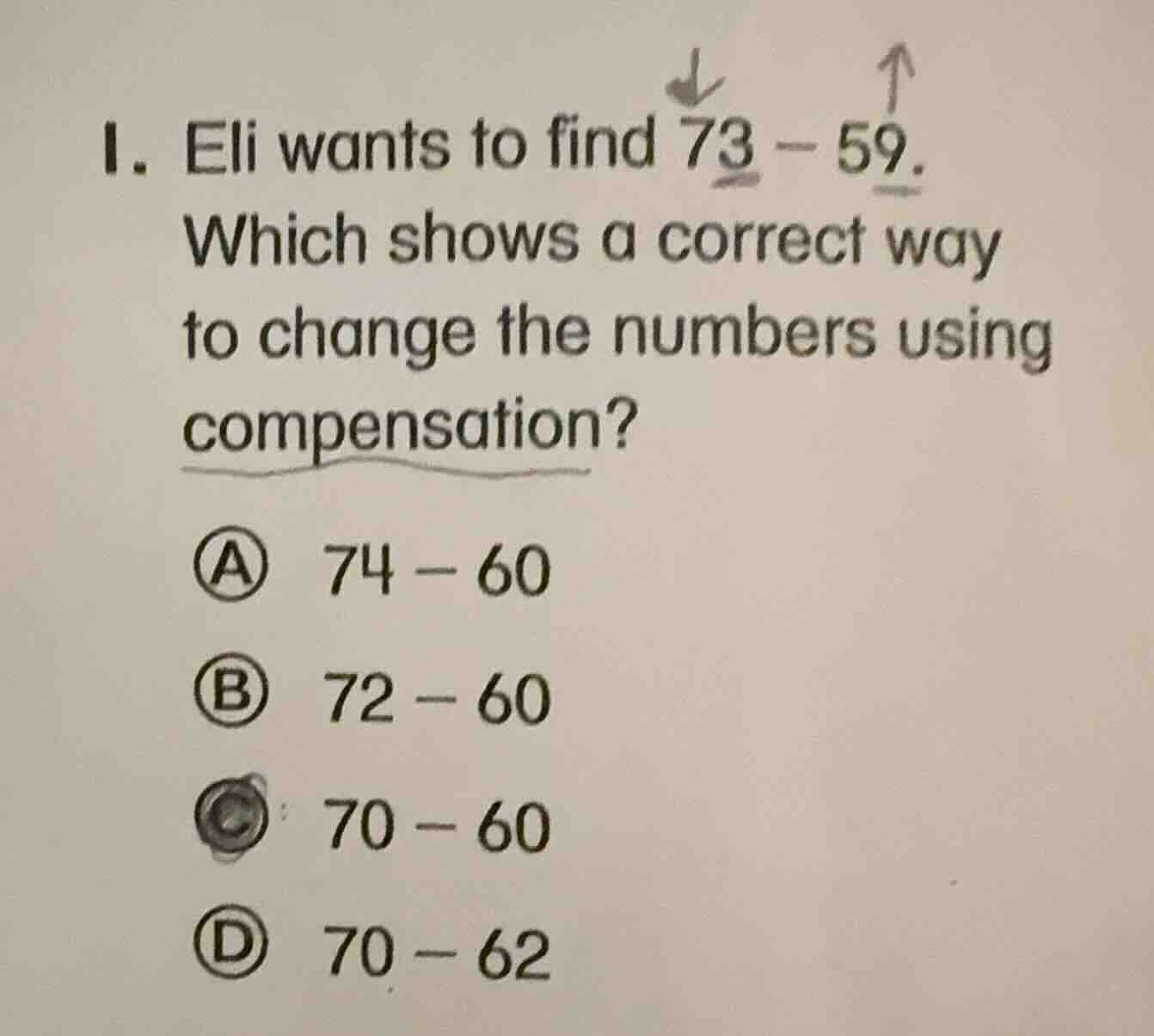 1. eli wants to find 73 - 59. which shows a correct way to change the n…
