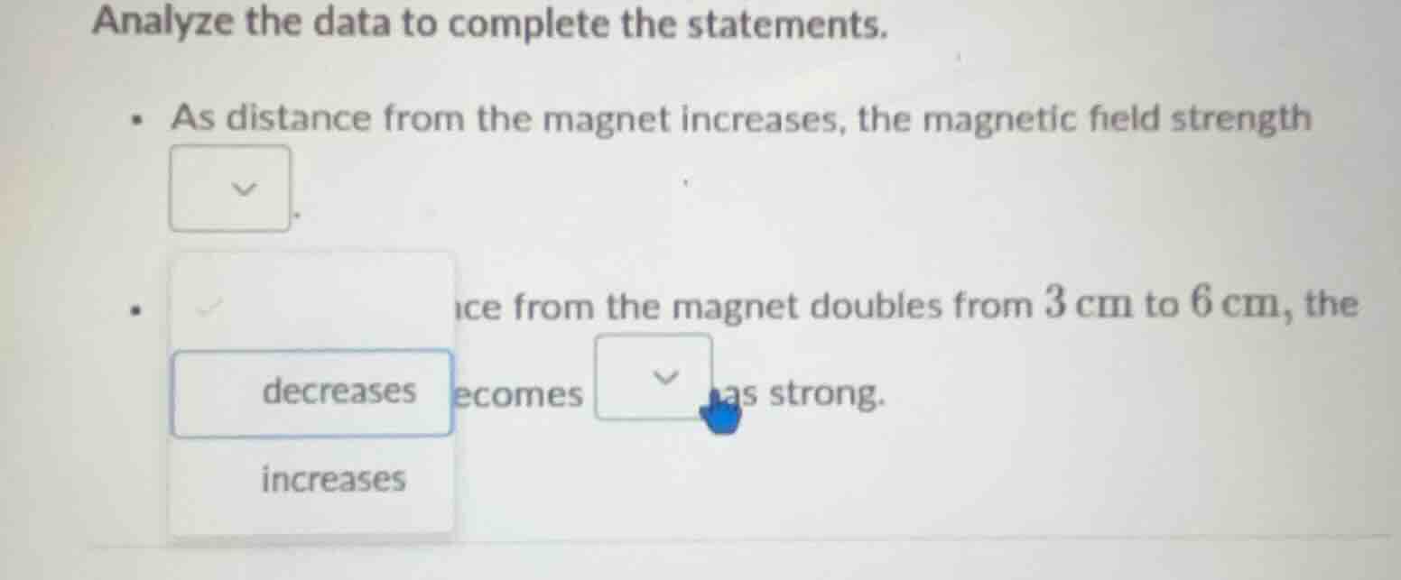analyze the data to complete the statements. - as distance from the mag…