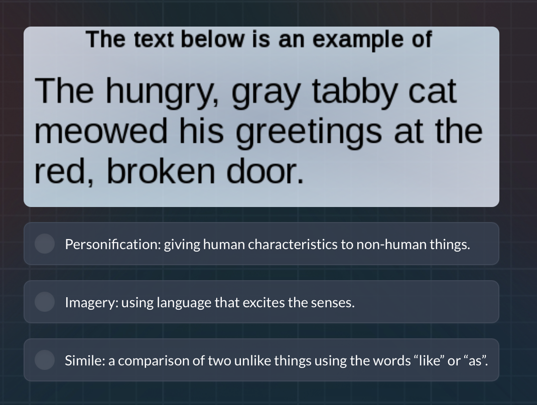 the text below is an example of the hungry, gray tabby cat meowed his g…