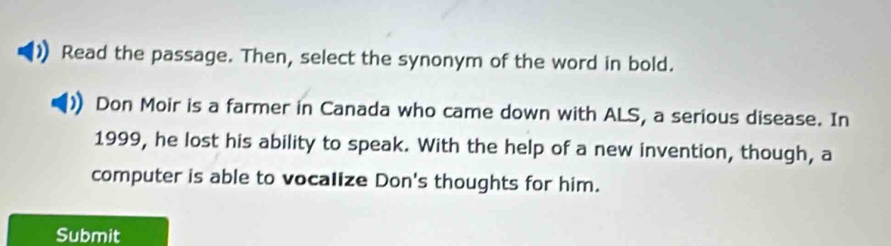 read the passage. then, select the synonym of the word in bold. don moi…