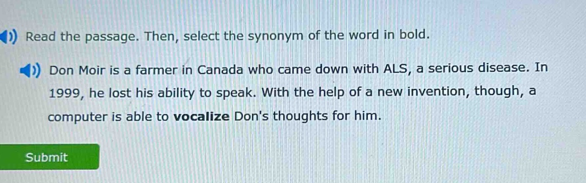 read the passage. then, select the synonym of the word in bold. don moi…