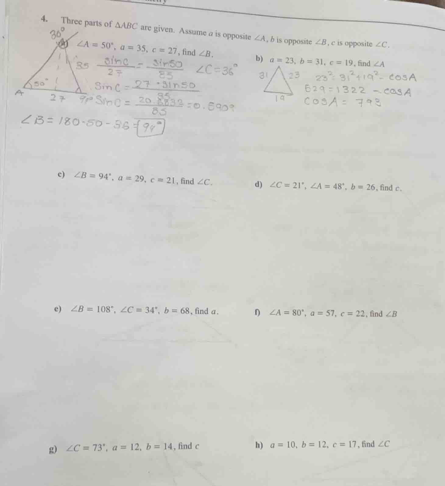 4. three parts of $\\triangle abc$ are given. assume $a$ is opposite $\…