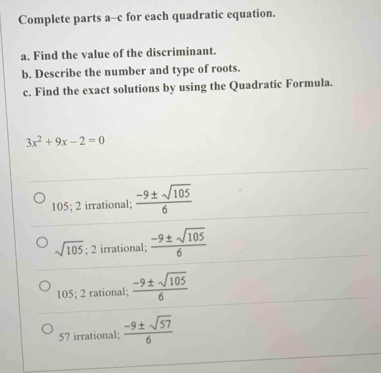 complete parts a–c for each quadratic equation. a. find the value of th…