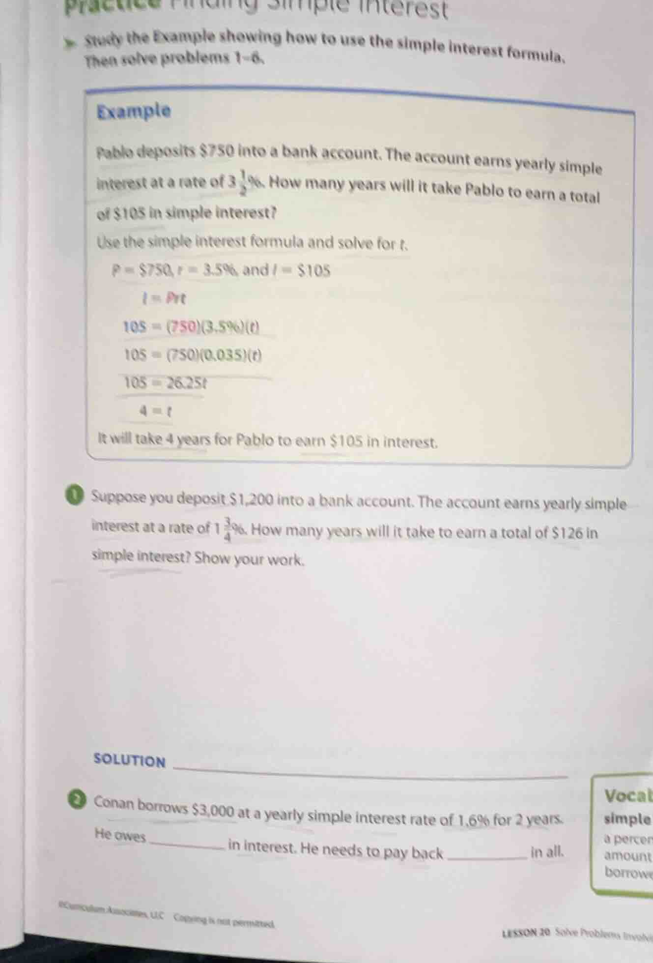 practice finding simple interest study the example showing how to use t…