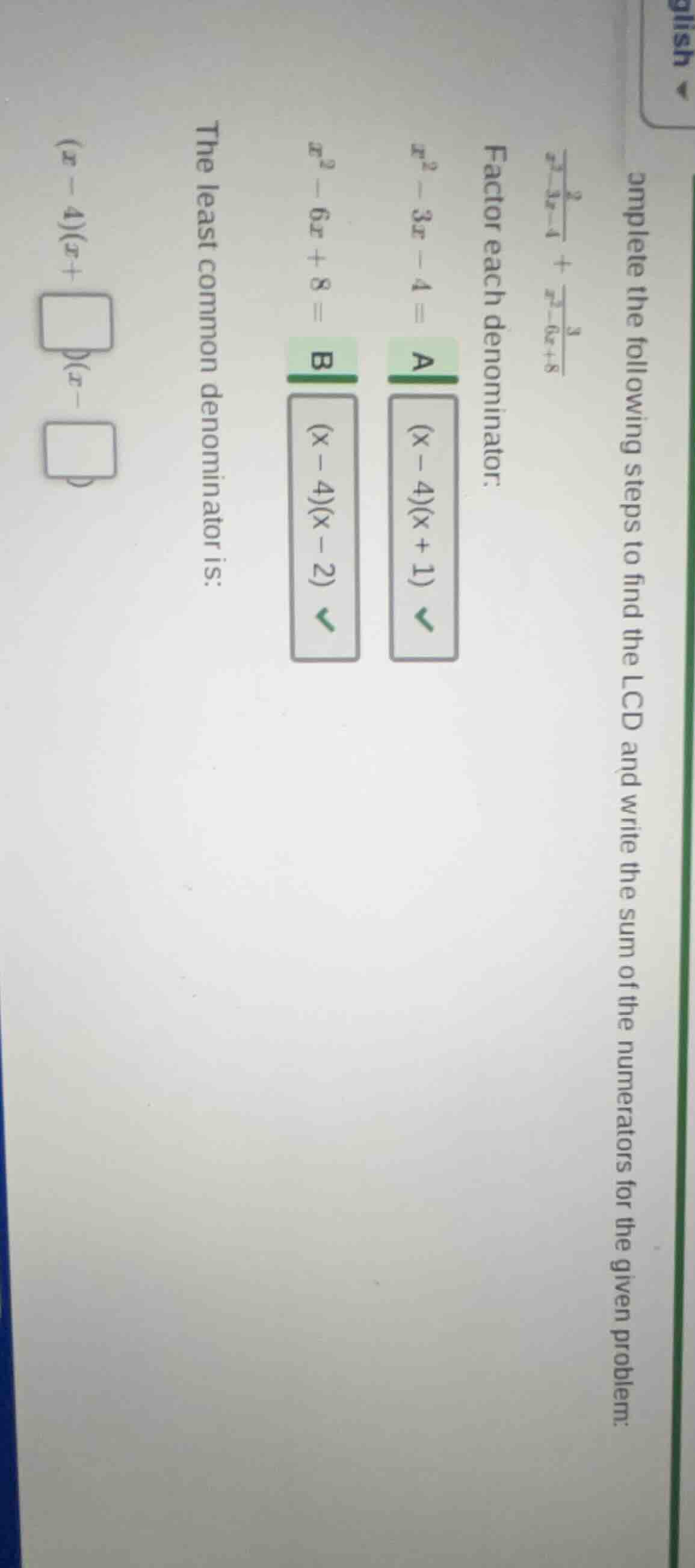 complete the following steps to find the lcd and write the sum of the n…