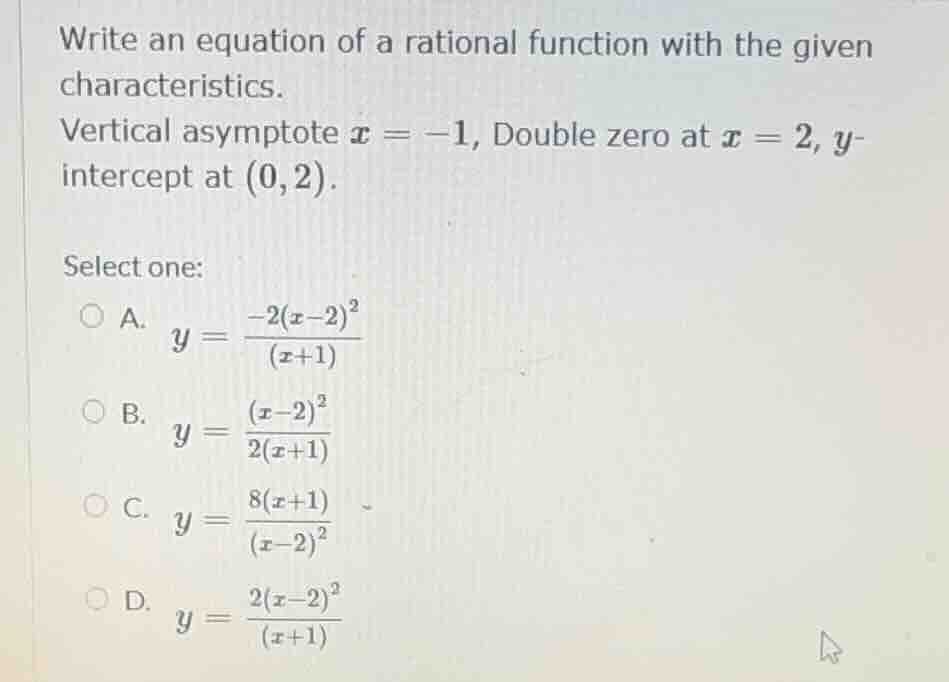 write an equation of a rational function with the given characteristics…